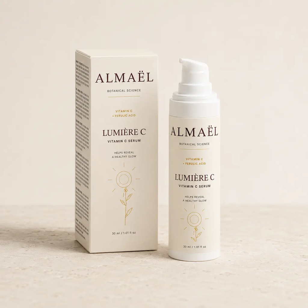 ALMAËL LUMIÈRE C — Sérum éclat à la vitamine C, flacon-pompe blanc et boîte blanche