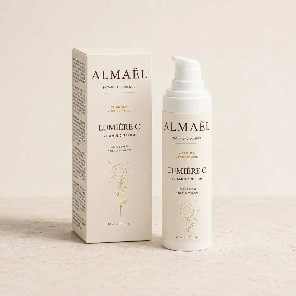 ALMAËL LUMIÈRE C — Sérum éclat à la vitamine C, flacon-pompe blanc et boîte blanche