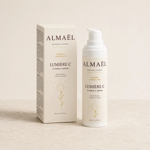 ALMAËL LUMIÈRE C — Sérum éclat à la vitamine C, flacon-pompe blanc et boîte blanche