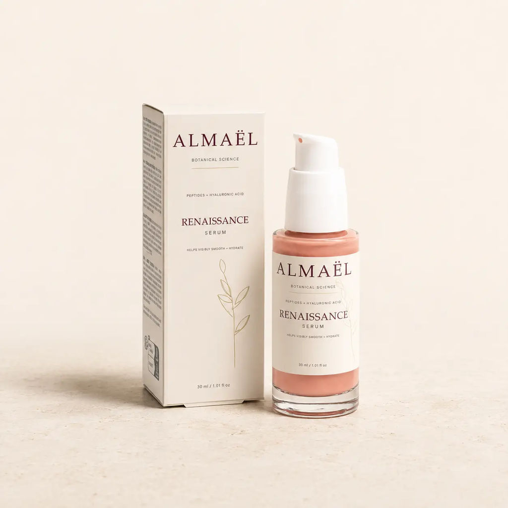 ALMAËL RENAISSANCE — Sérum lissant aux peptides, flacon-pompe rosé et boîte