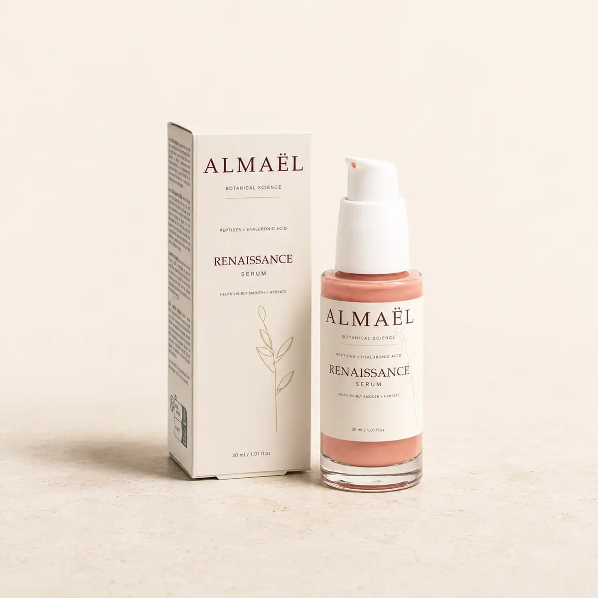 ALMAËL RENAISSANCE — Sérum lissant aux peptides, flacon-pompe rosé et boîte