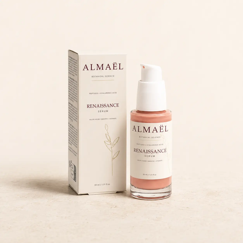 ALMAËL RENAISSANCE — Sérum lissant aux peptides, flacon-pompe rosé et boîte