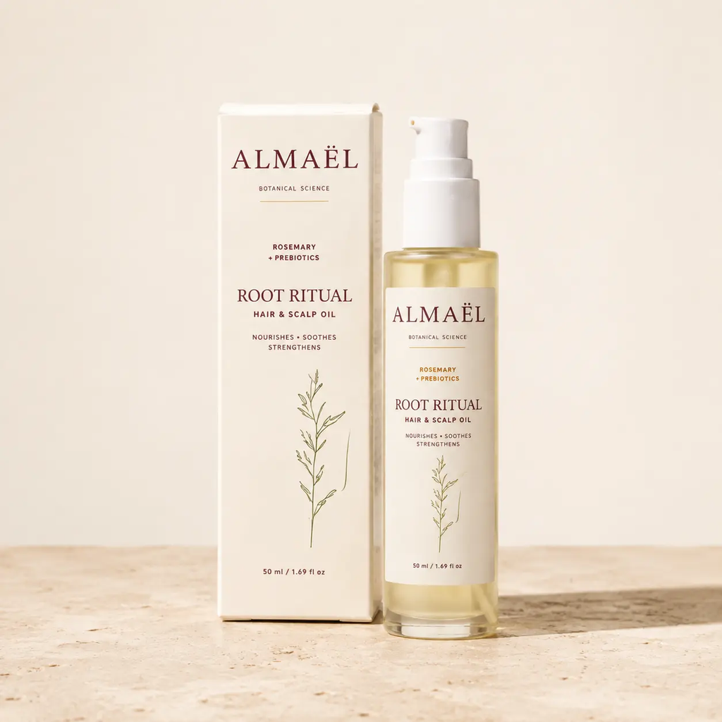 ALMAËL ROOT RITUAL — Huile fortifiante cheveux & cuir chevelu, flacon transparent d'huile dorée et boîte haute