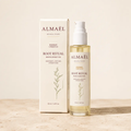 ALMAËL ROOT RITUAL — Huile fortifiante cheveux & cuir chevelu, flacon transparent d'huile dorée et boîte haute