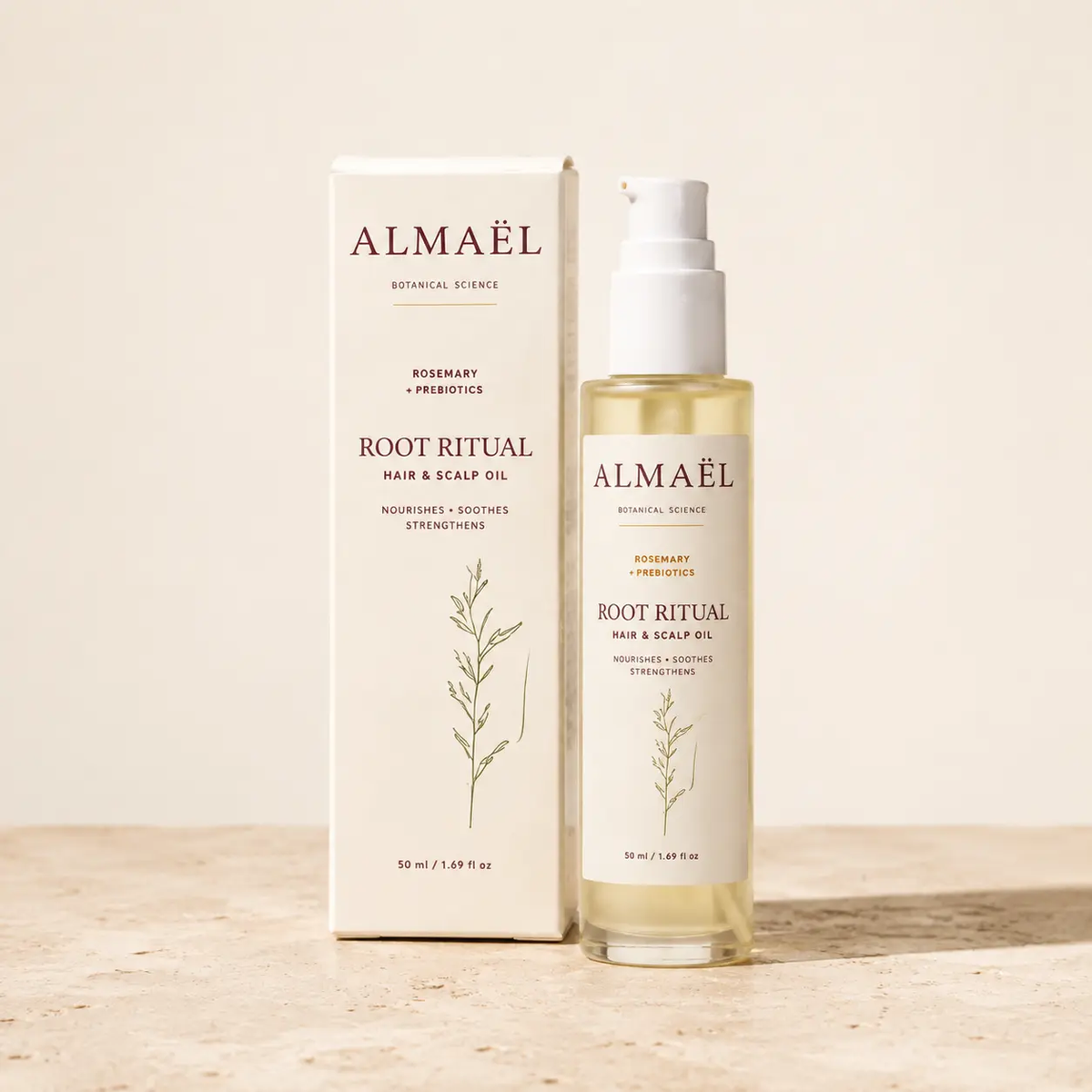 ALMAËL ROOT RITUAL — Huile fortifiante cheveux & cuir chevelu, flacon transparent d'huile dorée et boîte haute